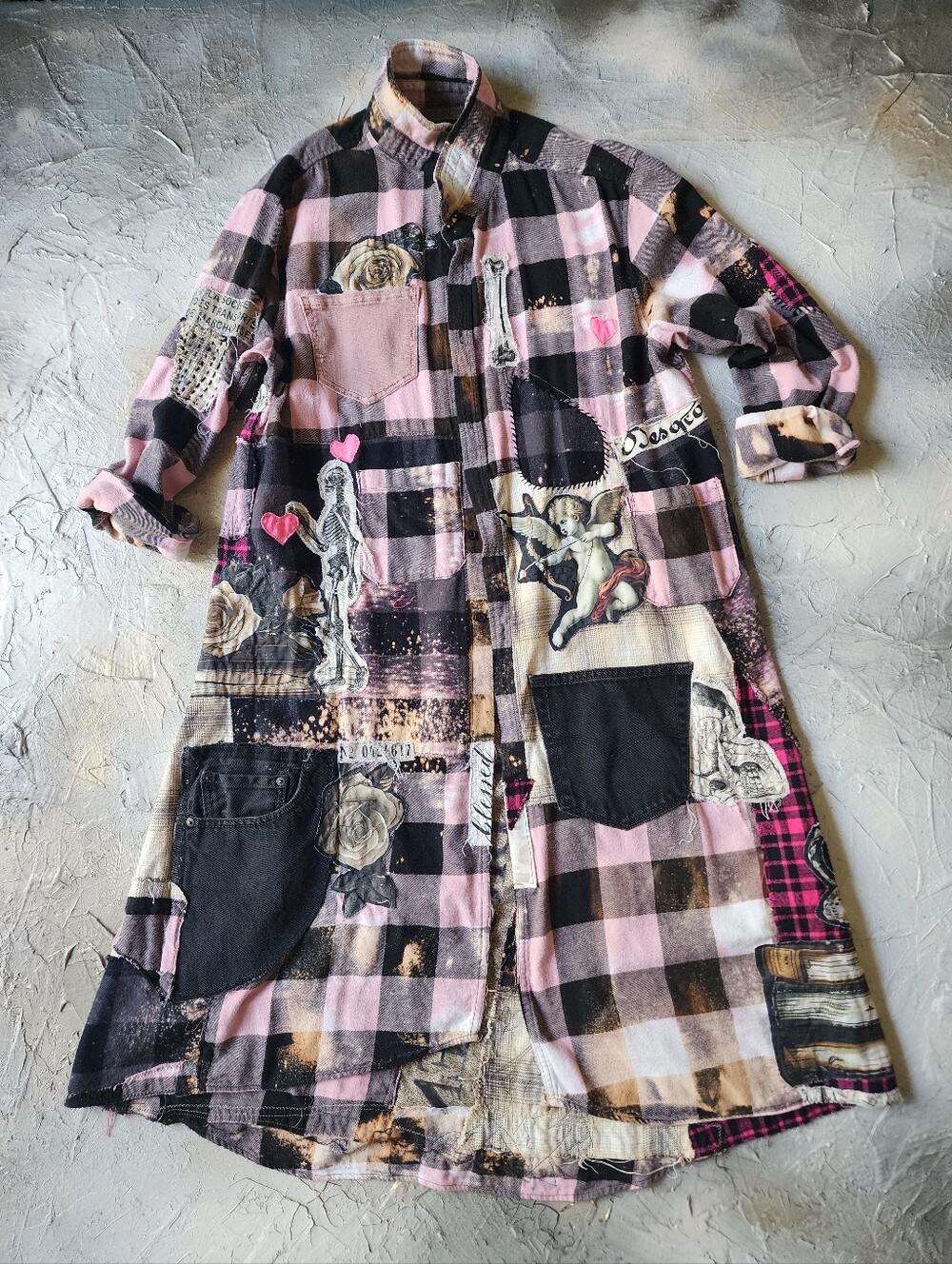 Designer Upcycled Kimono Duster Buttondown Flannel Top Artisan Cottage Appliqué - Picture 5 of 16